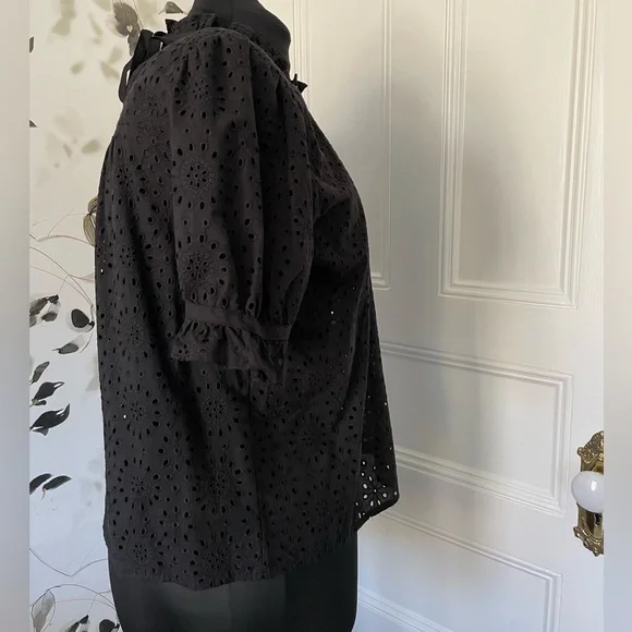 NWT Madewell Embroidered Eyelet Ruffle-Neck Keyhole Top - XL - Black - Back Tie - Picture 9 of 10